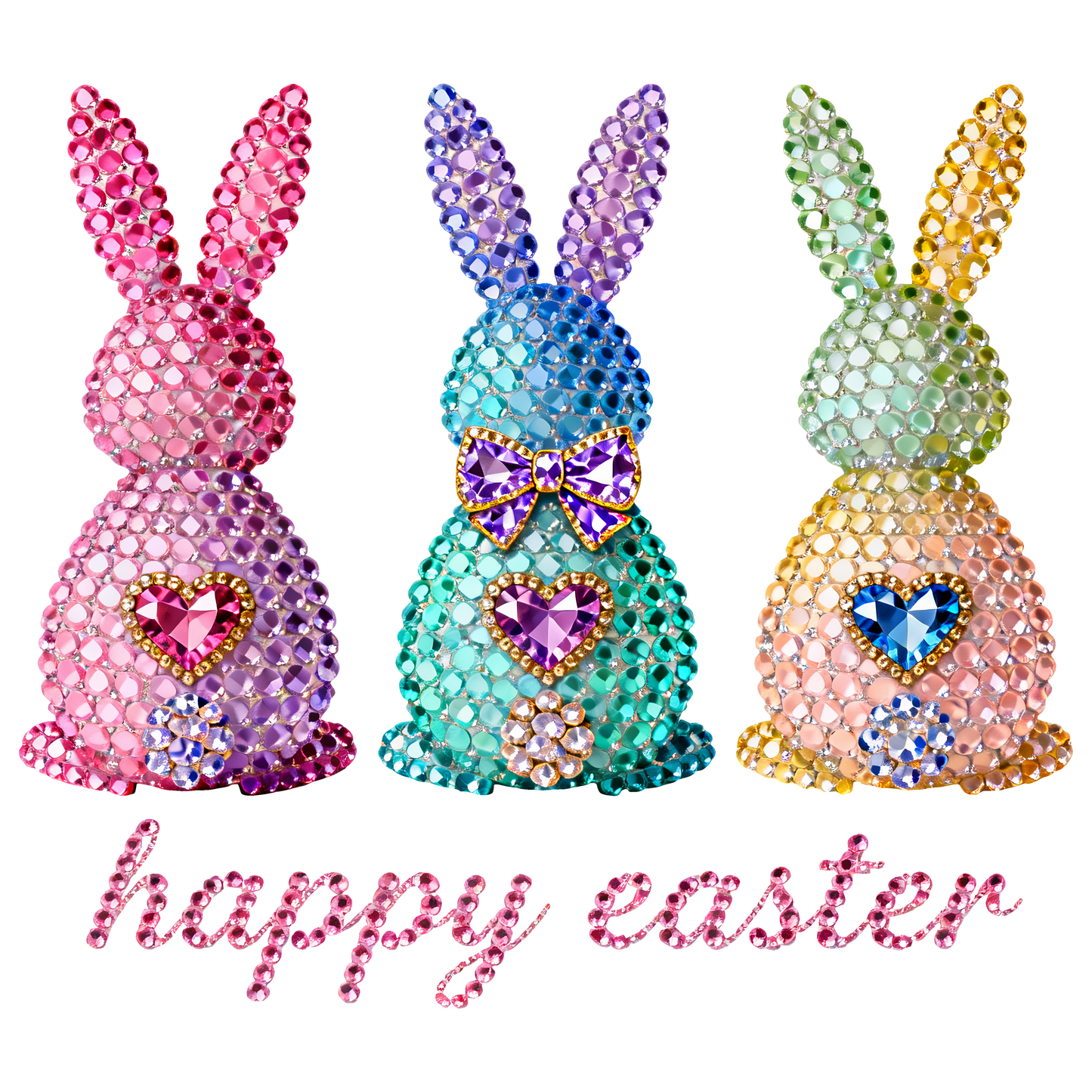 Happy Easter 3 Bunnies Rhinestones style