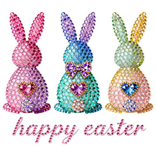 Happy Easter 3 Bunnies Rhinestones style